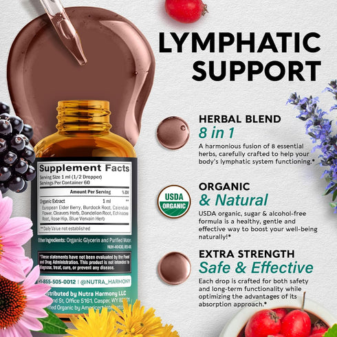 USDA Organic Lymphatic Drainage Drops - Lymph Detox Supplement, 2 fl - 8-in-1 Herbs as Echinacea, Dandelion - Made in USA - Immune System Support & Cleanse - Alt to Massager, Massage, Drainage Machine
