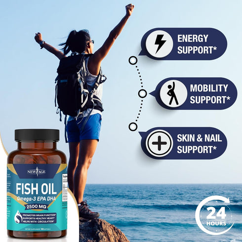 NEW AGE Omega 3 Fish Oil 2500mg Supplement, 90 Softgels - Immune & Health Support, Non-GMO, EPA, DHA