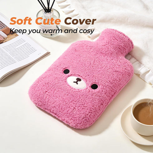 samply Hot Water Bottle with Cute Fleece Cover, Hot Water Bag for Hot and Cold Compress, Hand Feet Warmer, Neck