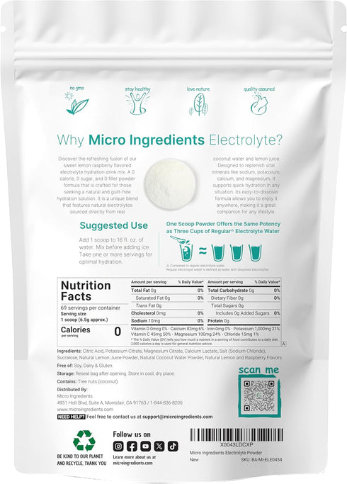 Micro Ingredients Hydration Electrolyte Powder, 1lb (69 Servings), Keto & No Sugar - High Potassium (1000mg) with Lemon Raspberry Flavored - Made with Real Lemon Juice & Coconut Water - Non-GMO