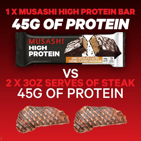 MUSASHI High Protein Bar, Dark Chocolate & Salted Caramel, 45g Protein, <1g Total Sugars, 12 Pack of 3.2oz Bars