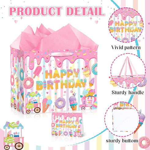 Summer Ice Cream Birthday Gift Bag with Tissue Paper and Greeting Card,White Pink Happy Birthday Wrapping Paper Goodie