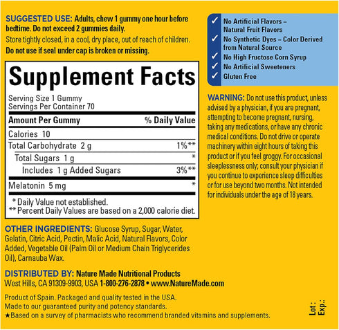 Nature Made Melatonin 5mg Extra Strength Gummies - 100% Drug Free Sleep Aid for Adults, 70 Day Supply