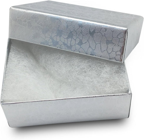 TheDisplayGuys 25-Pack #11 Cotton Filled Cardboard Paper Jewelry Boxes, Silver Foil Gift Case (2.1" x 1.8" x 0.8")