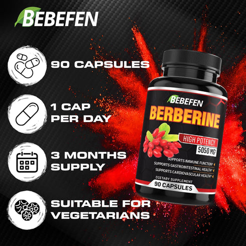 BEBEFEN Berberine Capsules - 5050mg Formula with Black Pepper Extract - 90 Capsules for Immune Support