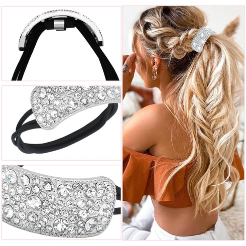 YISSION 4Pcs Sparkly Rhinestone Hair Ties, Fancy Crystal Ponytail Holders for Thin Thick Hair, Silver Accessories
