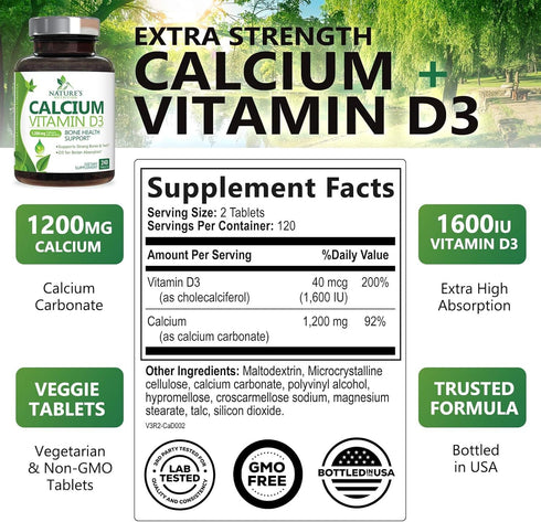 Calcium 1200 mg Plus Vitamin D3, Bone Health & Immune Support - Nature's Calcium Supplement with Extra Strength Vitamin D for Extra Strength Carbonate Absorption Dietary Supplement - 240 Tablets