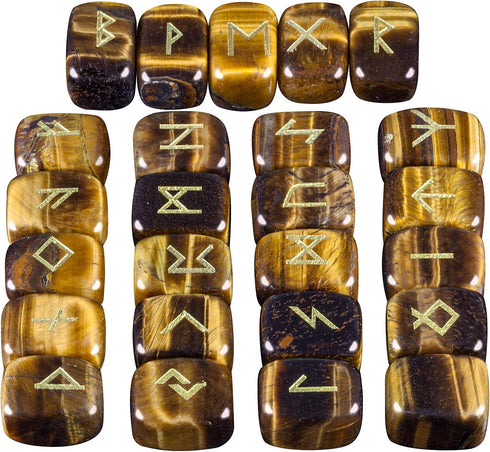 mookaitedecor Rune Stones Set with Engraved Elder Futhark Alphabet - Crystal Meditation, Tiger's Eye
