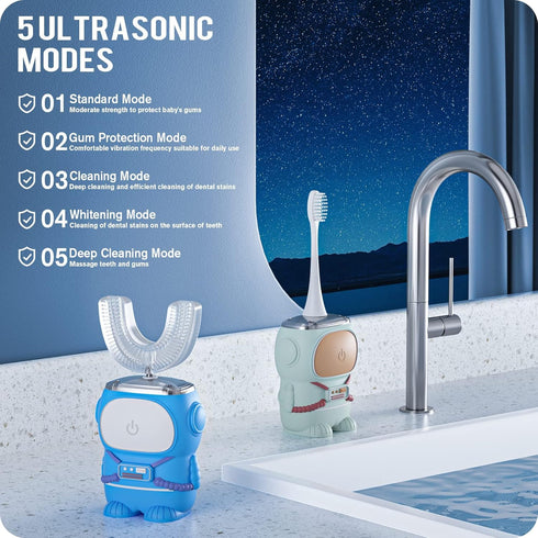 RexCodar Ultrasonic Kid's U-Shaped Electric Toothbrush, IPX7 Waterproof, Five Cleaning Modes, Smart Reminder (Blue)