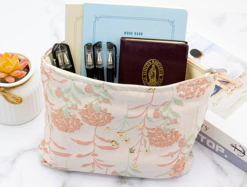 PAZIMIIK Large Zipper Makeup Bags for Purse, Travel Canvas Cosmetic Pouch, Brocade Flower Pink Organizer for Women and