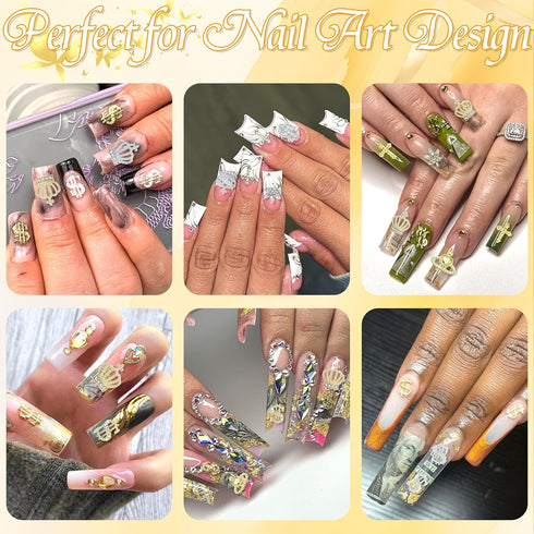 RODAKY 46PCS Dollar Nail Charms - Gold 3D Crown Nail Jewelry with Crystal Rhinestone for Luxury Nail Decoration