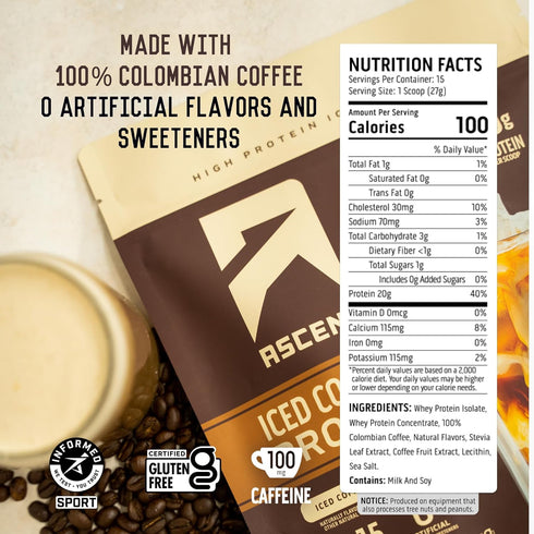 Ascent Iced Coffee Protein Powder, High Protein Coffee Powder, 20 g Protein, 15 Servings