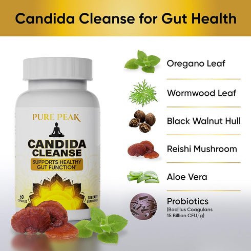 Pure Peak (60 Candida Cleanse - Gut & Colon Support Capsules) - for Men & Women - Natural Herbs for Intestinal Detox