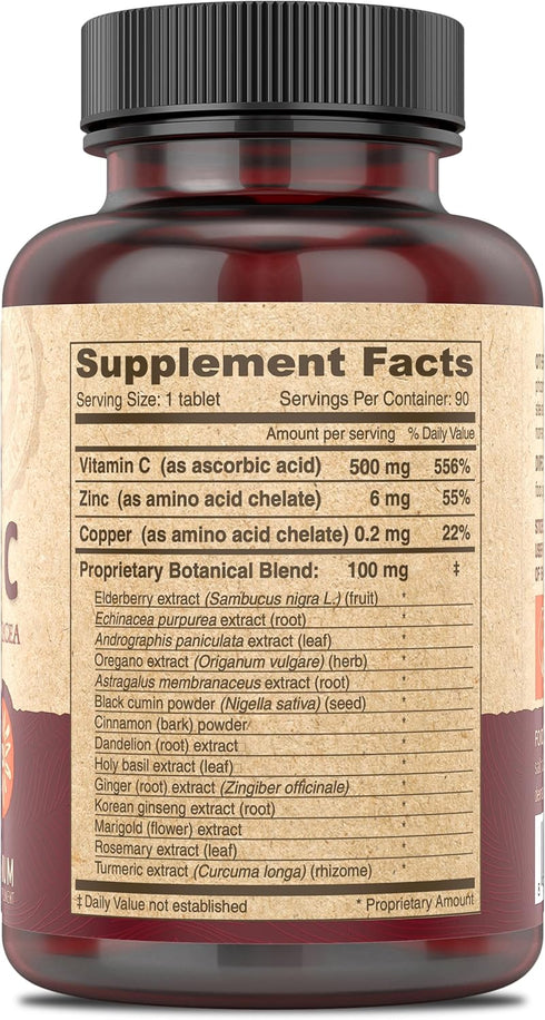 DEVA Vegan Vitamin C, 500 MG, with Elderberry, Echinacea, Zinc & More, Vegan, 90 Tablets, 1-Pack