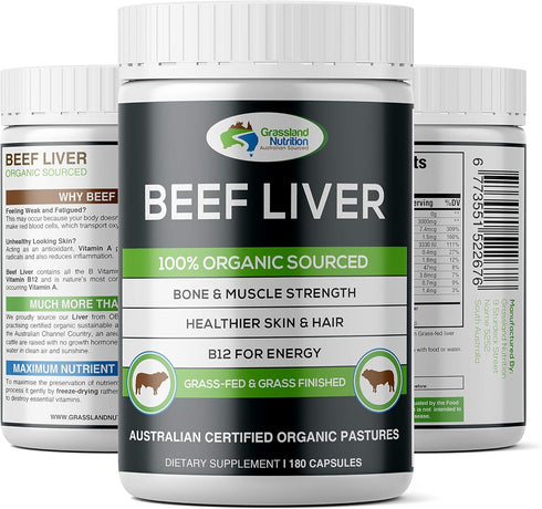 Grass Fed Beef Liver 100% Organic Sourced - Natural B12 for Energy, Iron & Vitamin A - 180 Capsules