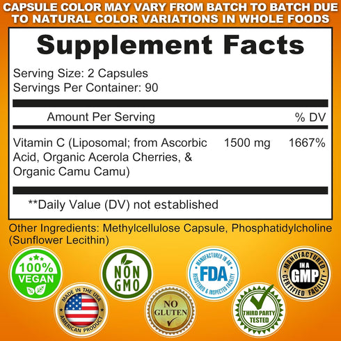 Liposomal Vitamin C Capsules 1500mg, Organic Acerola Cherries & Camu Camu, Immune Support Supplement, 180 Count