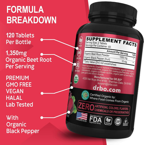 Organic Beet Root Capsules - 1350mg Beetroot Powder Extract Pills, High Circulation Beet Vitamins Support - 120 Tablets