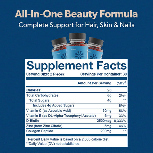 Gummies 60 Gummies (30-Day BIOMA Hair, Skin & Nails Beauty - Supports Growth & Strength with Biotin, Collagen, Zinc