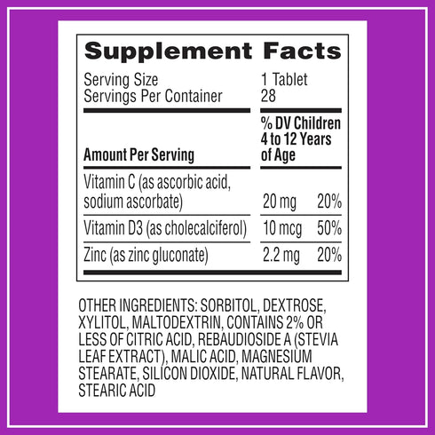 Zarbee's Kids Immune Support, 28 Chewable Tablets - Vitamin C, D & Zinc Daily Immunity Vitamins for Children 4+ Years,