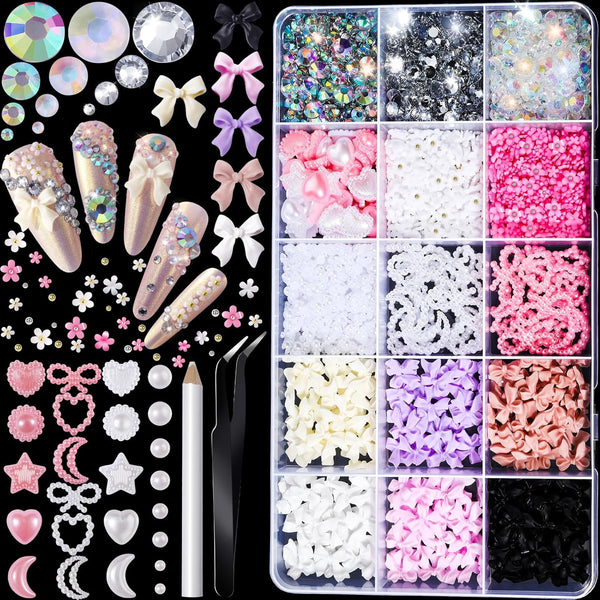 FANDAMEI Nail Art Kit, Nail Charms and Gems, Rhinestones for Nails, Bow and Flower Charms for Nail Design
