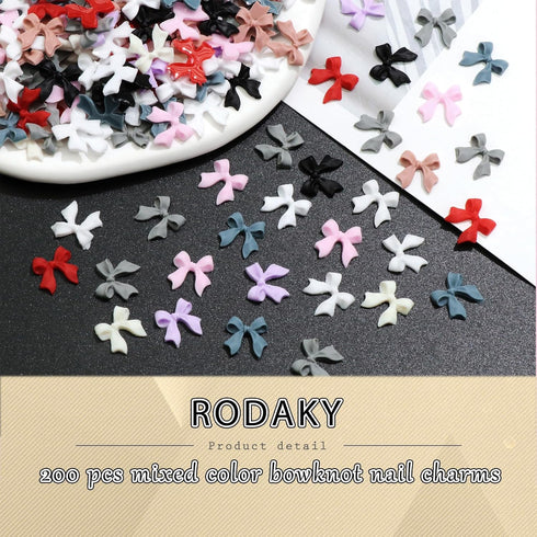 RODAKY 200PCS Bow Nail Charms, Colorful 3D Bowknot Charms for Nail Art Design, Resin Flatback Bow Nail Studs for