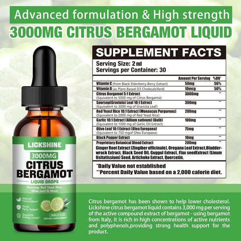 lickshine 2 Pack 3000mg Immune 4 Oz Citrus Bergamot Liquid Drops - High Absorption - Cholesterol Lowering Supplement