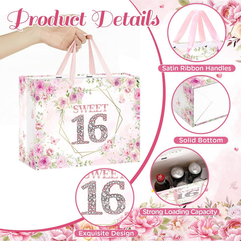 Yoirrat 16 3 16th Sweet Gift Bag with Wrapping Tissue Paper & Greeting Card Large Pink Rose Gold Floral Happy Birthday