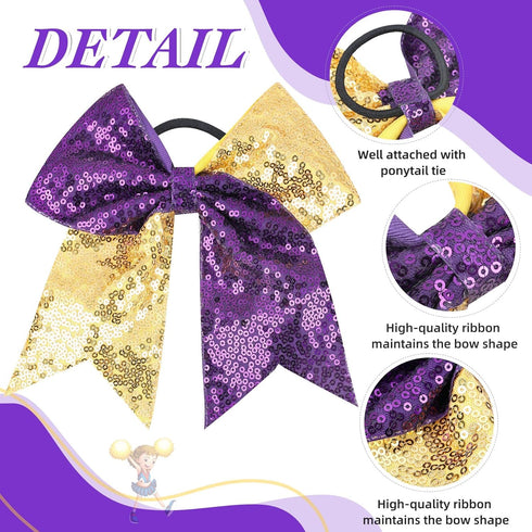 Oaoleer 12 Count 7" Hair Ties for Girls - Large Sparkly Sequin Glitter Cheer Bows, Purple & Gold