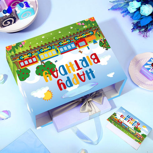 Yomaiha 11.8'' Train Birthday Gift Bag with Greeting Card and Tissue Papers, Train Birthday Gift Wrapping Paper Bag