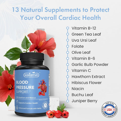 Blood Pressure Support Supplement - Garlic, Hibiscus, Hawthorn - 90 Capsules, 3 Months Supply for Cardiac Health.