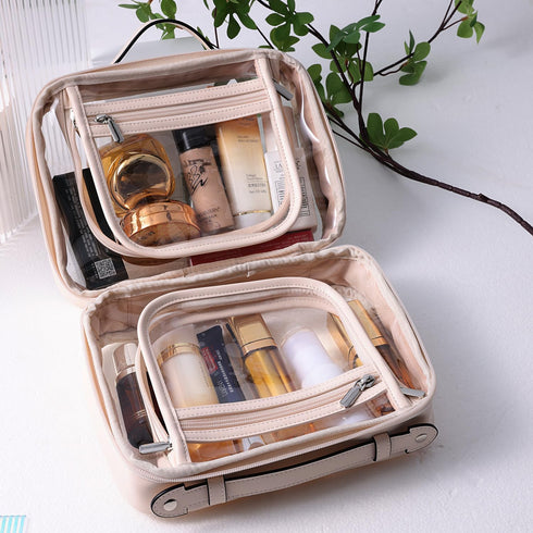 Traveling Toiletry Case, Large Clear Cosmetics Makeup Bag Dimensions | LxWxH:10” x 4.5” x 8” (Beige, Medium)