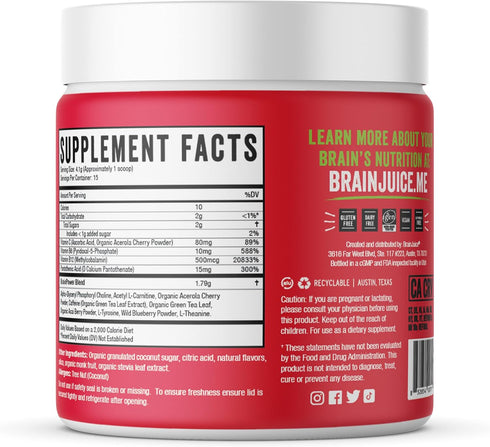 BrainJuice Nootropics Brain Support Supplement, Gluten Free Powder for Energy and Focus, 15 Servings