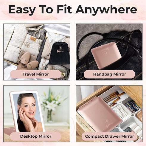 Portable Rechargeable Travel Makeup Vanity Mirror - Dimmable LED Lights, 3 Lighting Modes, Rose Gold