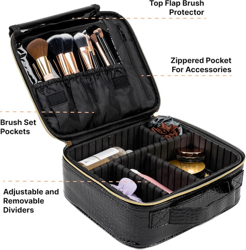 |Not Made In China| Makeup Bag Travel Organizer, Make Up Traincase, Cosmetic Toiletry Case For Beauty Artist, Storage Bag W/Adjustable Dividers For Jewelry and Brushes (1, Crocodile, Small)