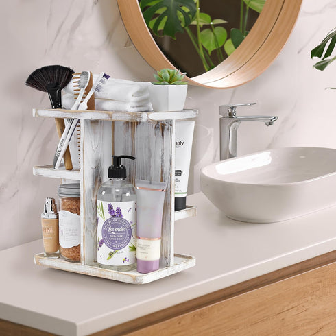 Sorbus 360° Makeup Organizer, Grey Rustic Wood Storage Carousel for Cosmetics, Rotating Makeup Organizer for Vanity