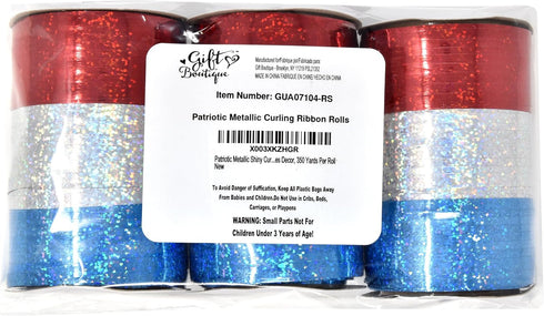 Patriotic Metallic Curling Ribbon Pack of 3, Red, Blue & Silver, 350 Yards Per Roll for 4th of July Gift Wrapping
