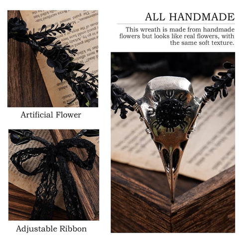 MOSTORY Handmade Black Flower Crown, Gothic Adjustable Raven Skull Headpiece, Dark Fairy Tiara for Cosplay