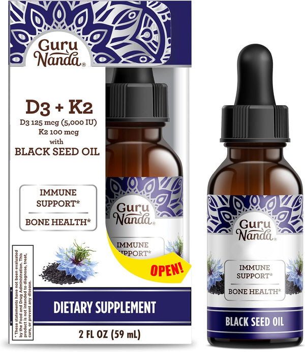GuruNanda Black Seed Oil, Cold-Pressed Nigella Sativa, Rich in Vitamin D3, K2 & E, 2 Fl.oz for Immune Support