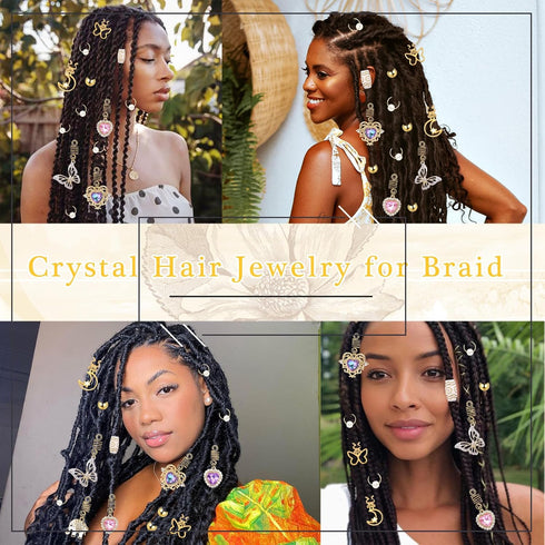 NAISKA 140Pcs Gold Hair Jewelry for Braids, Rhinestone Dreadlocks Accessories, Butterfly Braid Clips for Women