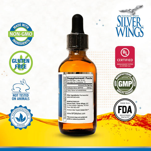 Natural Path Silver Wings Colloidal Silver Liquid -Daily Immune Support Supplement - - 50ppm (250mcg) - 2oz Dropper