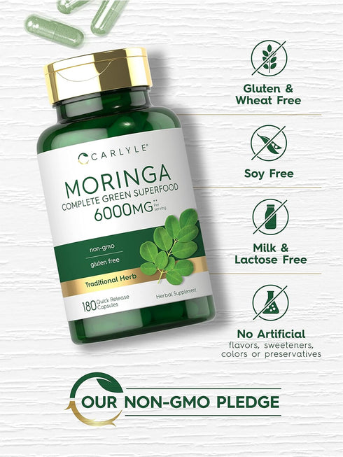 Carlyle Moringa Oleifera | 180 Non-GMO Capsules | Complete Green Superfood from Moringa Leaf Powder