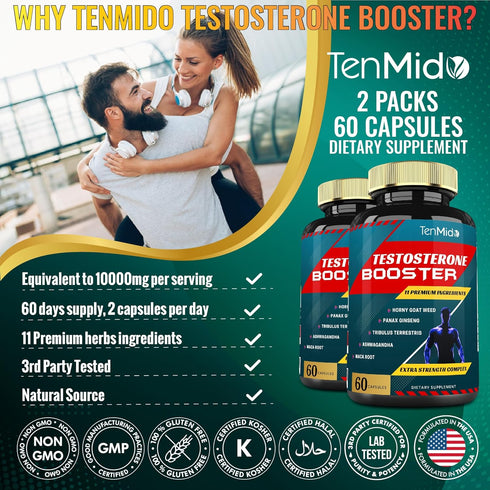 Testosterone Supplements Booster for Men, 2 Packs of 60caps - Natural Stamina, Endurance & Strength, Muscle Growth