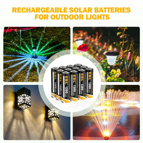 EBL 1.2V AA Rechargeable Batteries for Solar Lights, Pre-Charged 1300mAh, Pack of 12