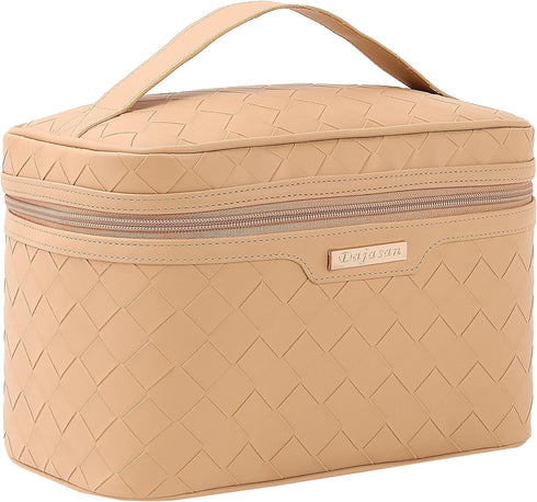 Dajasan Large Capacity Makeup Bag, Travel Makeup Organizer Bag, Portable PU Leather Toiletry Bag for Women (Khaki)