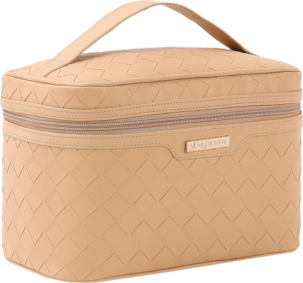 Dajasan Large Capacity Makeup Bag, Travel Makeup Organizer Bag, Portable PU Leather Toiletry Bag for Women (Khaki)