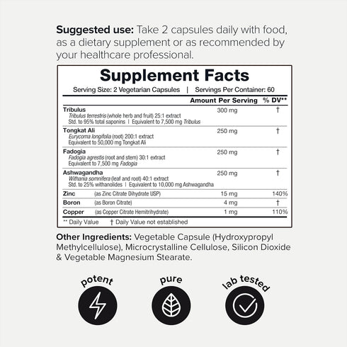 Elite T Formula: 75,000mg Power Capsules - Enhanced with Tribulus (95% Saponins), 200:1 Tongkat Ali, 30:1 Fadogia, 25% Withanolides Ashwagandha - Zinc, Boron, Copper - 120 Caps, 60 Servings