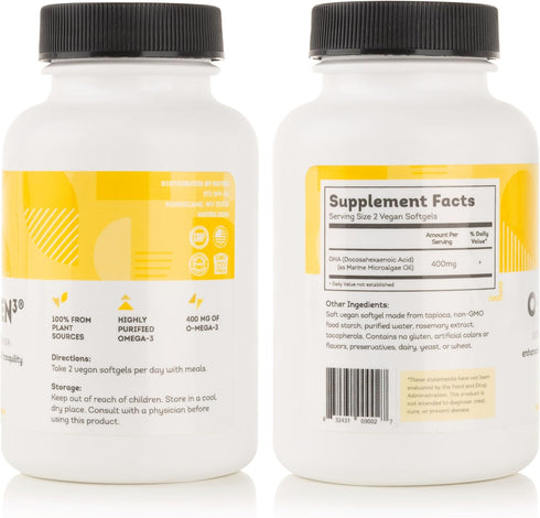 O-Mega-Zen3 Vegan Omega 3 DHA Supplement - 400 mg DHA Essential Fatty Acids, 120 Softgels