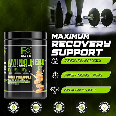 Amino Hero Diced Pineapple Flavor Post-Workout Recovery Drink, 25 Servings, Energy Powder Mix with BCAA, EAA
