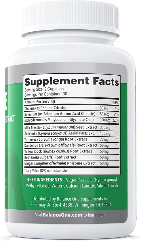 Balance ONE Liver Support Supplement with Milk Thistle Extract, Dandelion Root & Molybdenum, Vegan Capsules, 1 Month