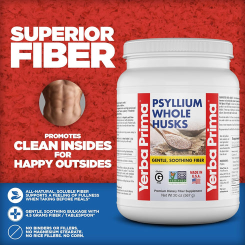 Yerba Prima Psyllium Whole Husks Fiber Supplement - Vegan, Non-GMO, Gluten Free for Colon Cleanse (20oz)